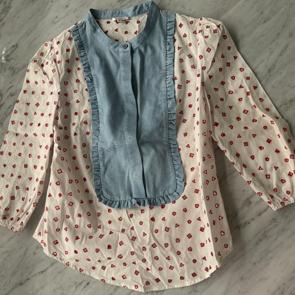 White Cotton Blouse with Blue Bib and Red Geo Print